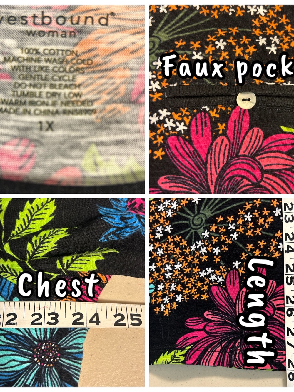 NWT Westbound Black Floral Scoop Neck Tee with Bright Multicolor Blooms - Picture 3 of 5